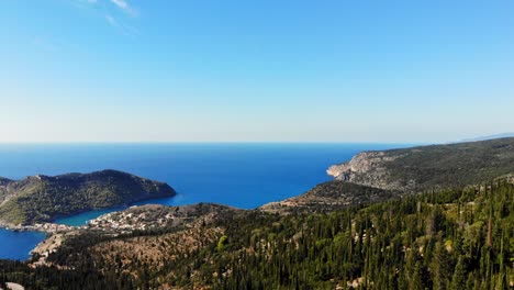 Panoramic-View-On-Asos-in-the-island-of-Cephalonia,-Greece---aerial-drone-shot