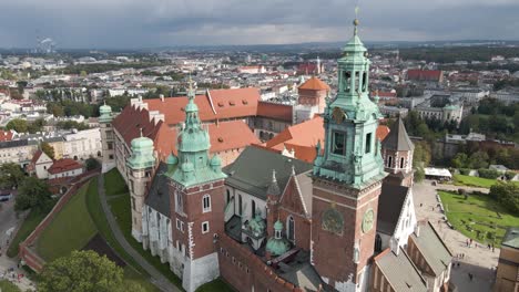 Wide-retreating-shot-of-historic-buildings-in-Krakow-Poland-on-an-overcast-day
