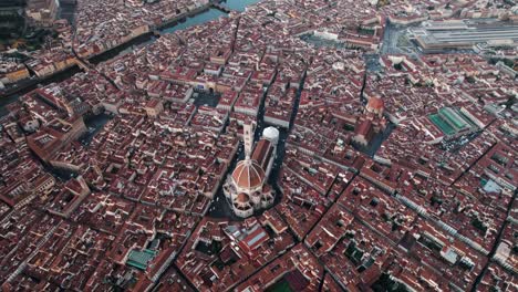 Ancient-city-Florence-with-traditional-red-roofs-and-famous-Cathedral-of-Saint-Mary-of-the-Flower,-aerial