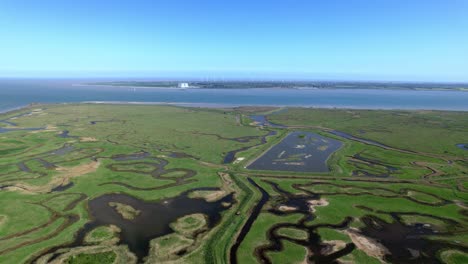 Aerial-Panoramic-View-Of-Tollesbury-Marshes-In-Essex,-United-Kingdom