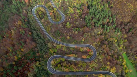 Luftperspektive-Einer-Erstaunlichen-Kurvenreichen-Straße,-Die-Von-Einem-Herbstwald-Auf-Einem-Hügel-Umgeben-Ist