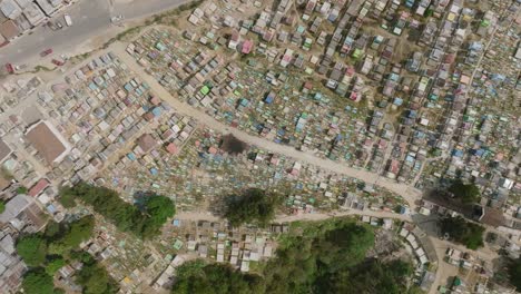 Top-down-aerial-footage-rotating-over-a-colorful-cemetery-in-the-city-of-Chichicastenango-in-northern-Guatemala