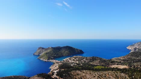 Magnificent-View-Of-The-Blue-Sea-And-Beautiful-Coastal-Island-Of-Kefalonia-Greece---aerial-shot