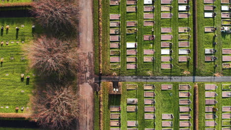 Aerial-top-down-shot-of-Kviberg-Cemetery-during-sunny-day-in-Gothenburg,Sweden