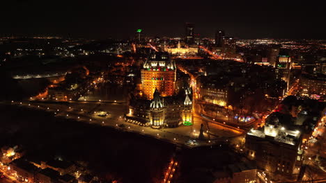 Old-Quebec-Skyline-At-Night---aerial-drone-shot