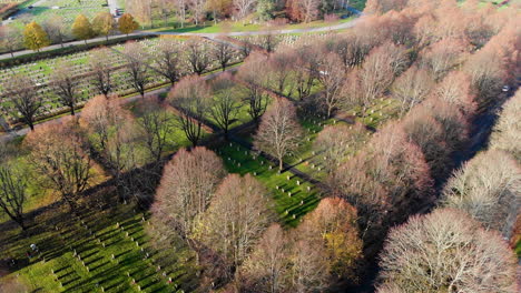 Aerial-view-of-Cemetery-graveyard-with-tombstones-in-Sweden,-Kvibergs-kyrkogård-or-Kviberg,-Gothenburg