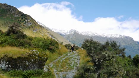 Wide-shot-of-Person-hiking-on-rural-mountain-path-at-Mount-Aspiring-National-park-during-summer---Snowy-mountain-range-in-background