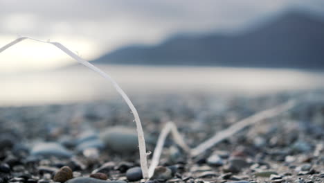 Plastic-pollution-on-beach-with-mountain-backdrop