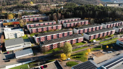 Aerial-view-of-housing-complex-during-sunny-day-in-autumn---Bergsjön-District,-Gothenburg