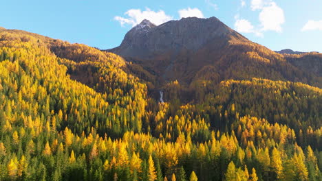 Riesiger-Goldener-Herbst-Alpiner-Kasergebirgstalwald,-Südtirol-Luftaufnahme-Bei-Sonnenaufgang