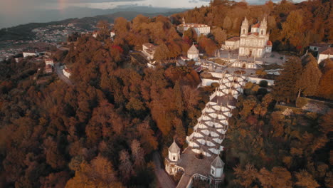 pull-back-Drone-footage-of-Bom-Jesus-do-Monte,-in-Braga-Portugal
