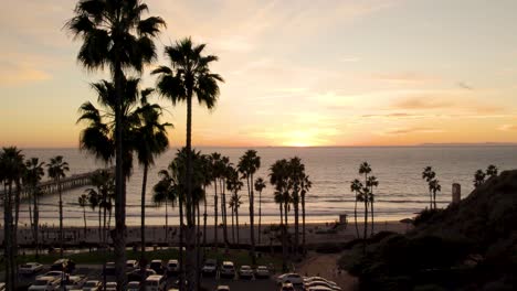 Palm-Tree-Silhouettes-with-Vibrant-California-Sunset-on-Horizon---Aerial
