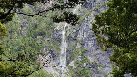 Breiter-Schuss-Eines-Massiven-Kaskadenwasserfalls,-Der-Felsige-Berge-Im-Dschungel-Hinunterfließt---Rob-Roy-Gletscherspur-In-Neuseeland