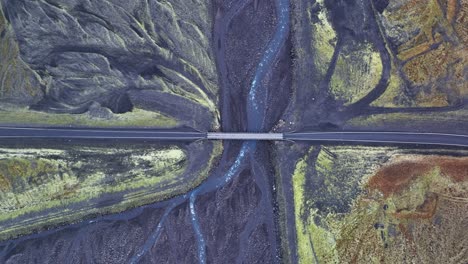 Top-Down-View-Of-Bridge-With-Vehicles-Traveling-In-South-Iceland---aerial-drone-shot