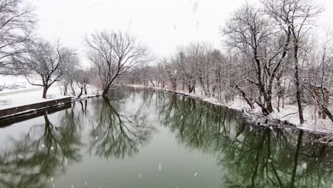 Reflexion-Von-Schneebedeckten-Bäumen-Entlang-Des-Glasigen-Baches