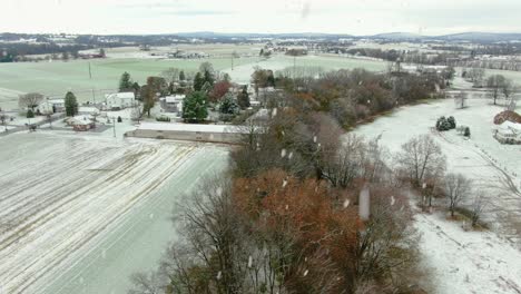 Aerial-of-trees-along-creek-during-winter-snowfall