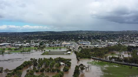 AERIAL-Over-Flooded-Barwon-River-Geelong,-Australia