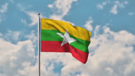 Myanmar-flagge,-Die-Im-Realistischen-4k-video-Des-Blauen-Himmels-Weht