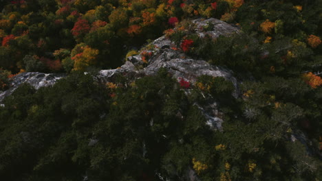 Bird's-Eye-view-of-Fall-Foliage,-flying-off-cliff-reveal-in-Evans-Notch,-located-in-the-White-Mountains-of-Maine