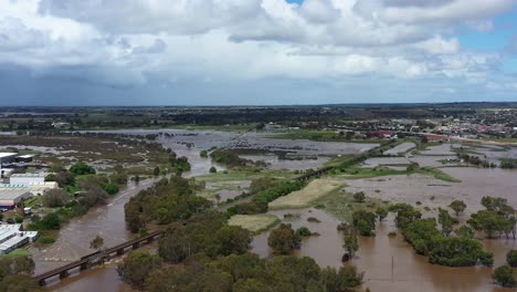 AERIAL-Barwon-River,-Geelong-Flood-Inundates-Local-Recreation-Fields