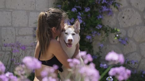 Husky-and-owner-woman-in-garden-full-of-flowers