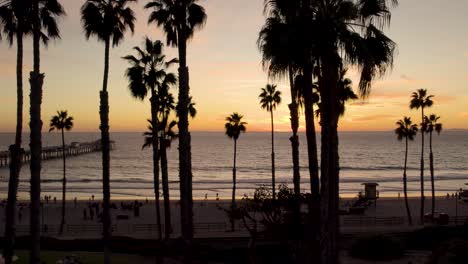 Dreamy-Sunset-with-Palm-Trees-on-Tropical-Beach-in-San-Clemente,-Aerial