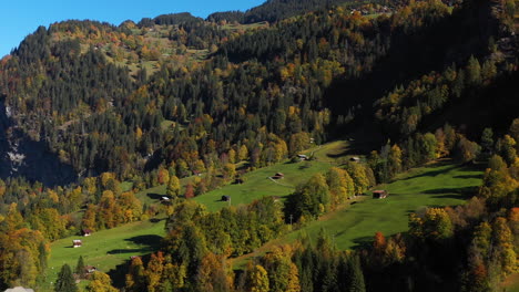 Cinematic-drone-shot-of-a-forest-and-mountainside-in-Lauterbrunnen,-Switzerland