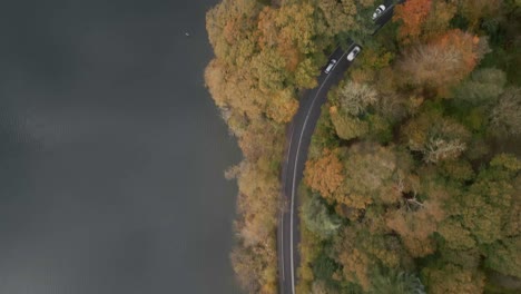Sich-Bewegende-Drohne-Schoss-Nach-Autos-Durch-Eine-Farbenfrohe-Herbstliche-Szenerie-Neben-Dem-See-Windermere-Ambleside-Cumbria