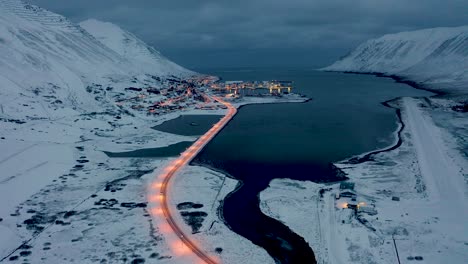 Beautiful-Scenery-Of-Siglufjordur-town-in-north-Iceland-in-a-winter-night---aerial-shot