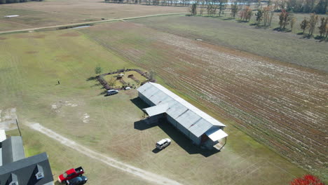 Aerial-flight-over-wedding-venue-on-farm-Burgaw,-North-Carolina