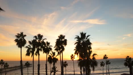 Picturesque-California-Sunset-with-Palm-Tree-Silhouettes,-Aerial