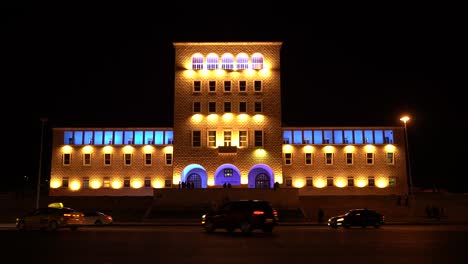 Beautiful-architecture-on-main-square-of-Albanian-capital-city-at-night,-Italian-era-building