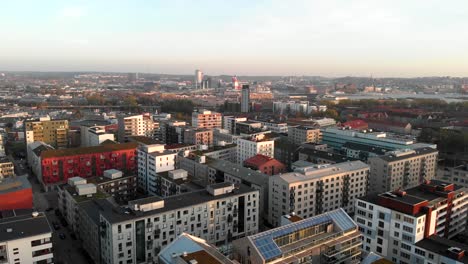 Aerial-flyover-Residential-Buildings-at-Hisingen-cityscape-horizon,-Gothenburg,-Sweden