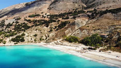 Wunderschönes-Ionisches-Meer,-Agia-Kiriaki-Strand-In-Kefalonia,-Griechenland---Luftdrohnenaufnahme