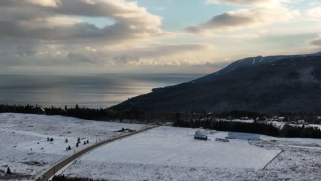 Winter-Scene-On-The-Municipality-Of-Charlevoix-In-Quebec,-Canada---aerial-drone-shot