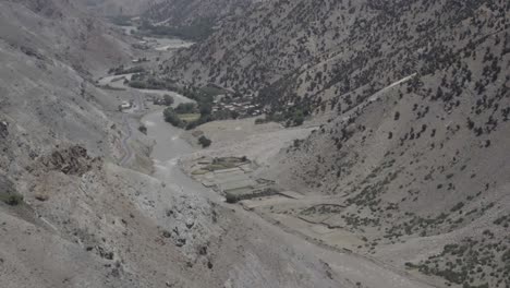 Small-village-in-bottom-of-Panshir-valley,-view-from-mountain-top
