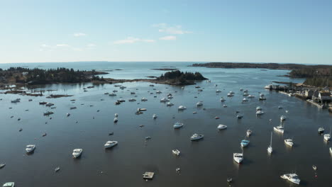 Aerial-High-Fly-Over-Drone-Footage-over-Ocean-of-Maine-Coast-at-Vinalhaven,-Fox-Islands,-Knox-County-Maine,-USA