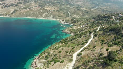Flyover-Beautiful-Landscape-of-Agia-Kiriaki-Beach-in-Kefalonia-Island,-Greece