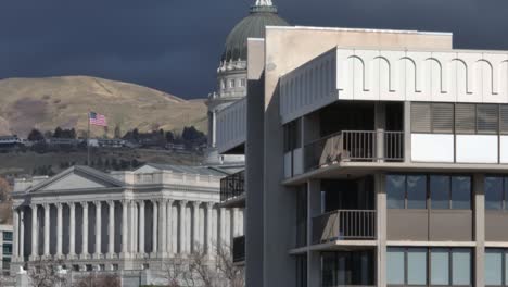 AERIAL---Utah-State-Capitol-building-in-Salt-Lake-City,-Utah,-truck-left-reveal