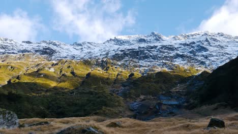 Massive-snowy-Mountain-Range-Panorama-during-sunny-day-at-Rees-Valley,New-Zealand