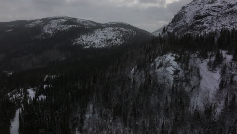 Snow-Covered-Forest-And-Mountain-In-Lac-A-L'empeche-Quebec,-Canada---aerial-shot