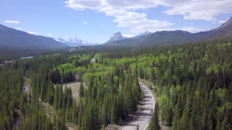 A-motorcyclist-drives-along-stunning-black-spruce-forrest-area-in-banff-national-park-in-Canada,-aerial-static-shot