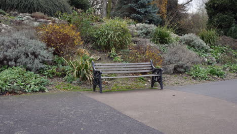 Wide-shot-of-an-empty-park-bench