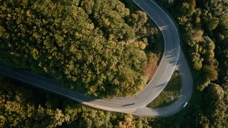 Kurvenreiche-Straße-Durch-Einen-Herbstlichen-Wald,-Motorrad,-Das-Eine-Scharfe-Kurve-Nimmt