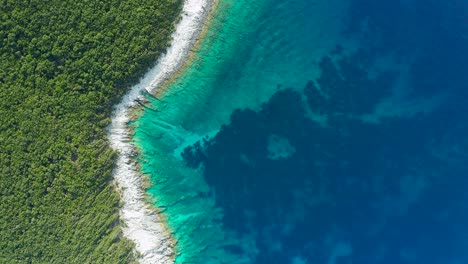 Top-down-view-dolly-along-Greek-island-Coastline,-Green-Forest-and-turquoise-clear-Sea