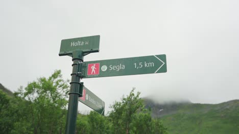 Sign-Post-In-Hiking-Trail,-Segla,-Senja,-Norway