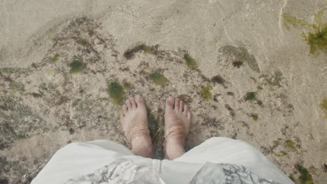 POV-shot-of-feet-standing-on-a-beach-in-clear-water-and-seaweed-in-Bali,Indonesia