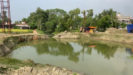 Tilt-up-shot-of-a-morning-view-of-a-beautiful-village-scene-with-pond-and-green-trees-and-a-hut