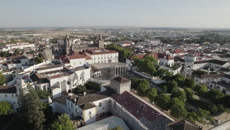 Aerial-evora-cityscape-with-Cathedral-and-Diana-temple-landmarks,-Alentejo