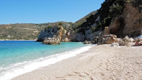 Scenic-Agia-Eleni-Beach-in-Kefalonia-Island,-Greece---wide,-static